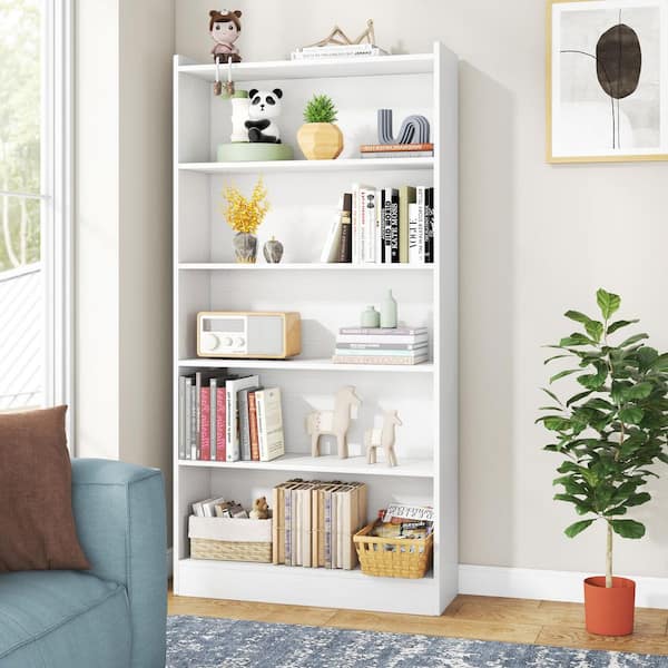 Eulas 72 in. H Tall White Wood 5-Shelf Standard Bookcase with Open Storage, Library Displaying Bookcase for Home
