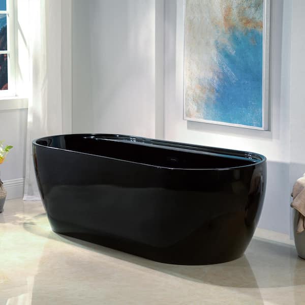 72 in. L x 35.375 in. W Contemporary Acrylic Soaking Bathtub in Glossy Black Inside and Outside with Matte Black Drain