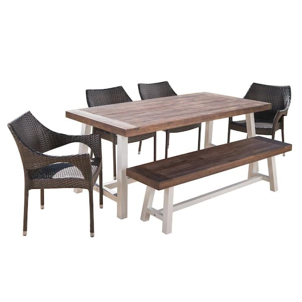 Noble House Fletcher Multi-Brown 6-Piece Faux Rattan Outdoor Dining Set