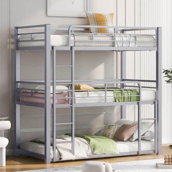 Harper & Bright Designs Silver Twin Size Metal Triple Bunk Bed with 2-Ladders