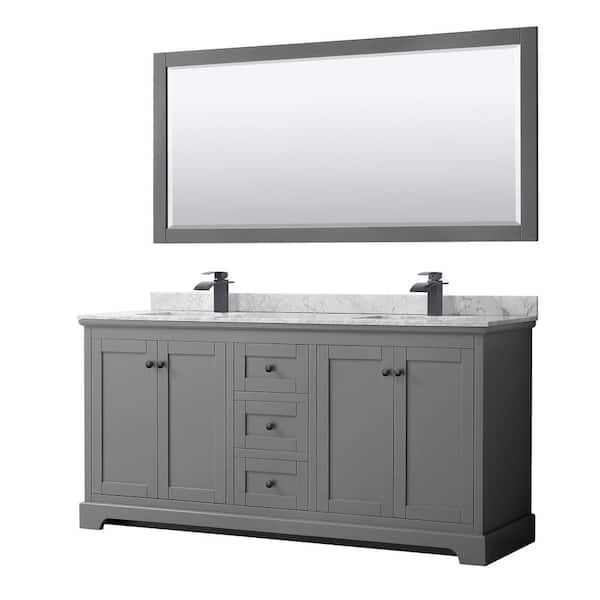 Wyndham Collection Avery 72 in. W x 22 in. D x 35 in. H Double Bath Vanity in Dark Gray with White Carrara Marble Top and 70 in. Mirror