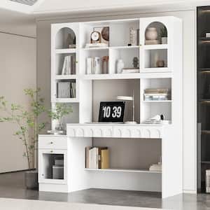 79.1 in. Tall White Wood 13-Shelf Standard Bookcase with Writing Desk Table, Glass Door Cabinet, -Drawers, French Style
