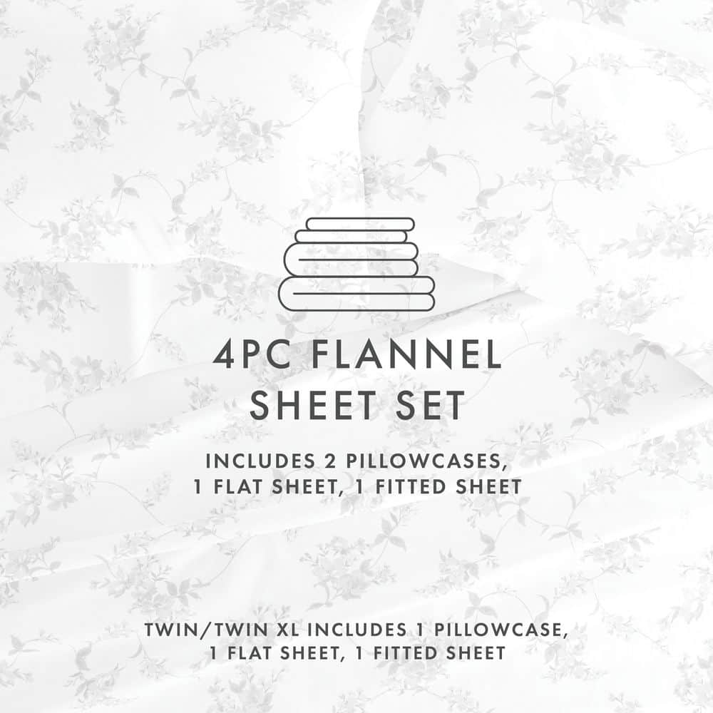 Gray Floral Cotton Flannel Queen Deep Pocket Sheet Set