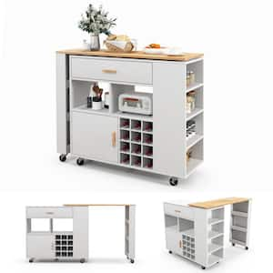 48 in. White Rubber Wood Reversible Folding Kitchen Island Cart with Wine Rack and Spice Rack