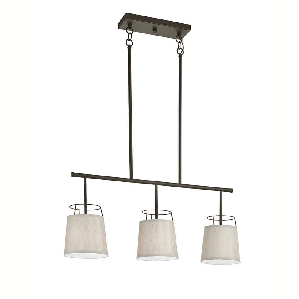 Marika Distressed Bronze 16" Modern Linear Chandelier with Grey Linen Shades