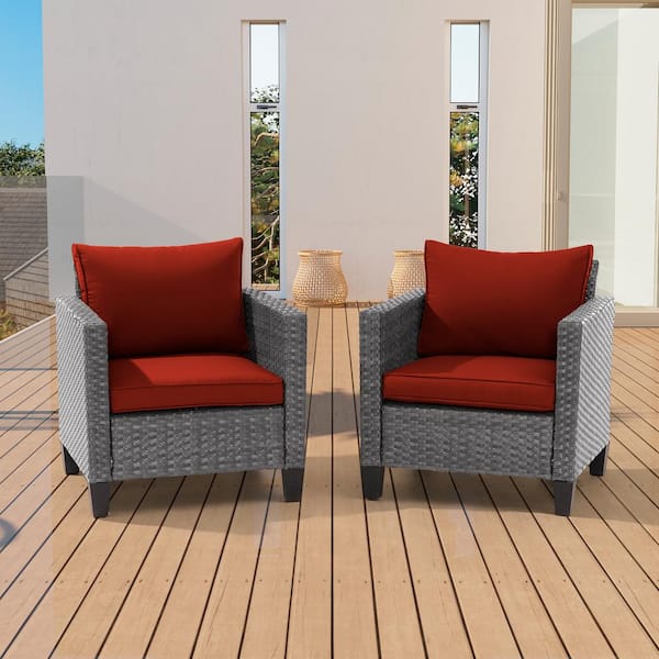 Sonkuki 2-Piece Patio Sofa Gray Wicker Outdoor Single Sofa Set, Rust Red