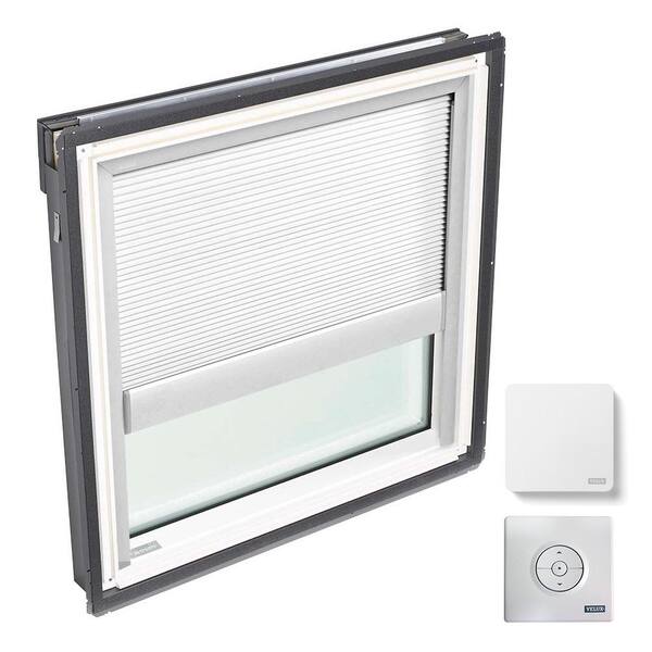 VELUX 30-1/16 in. x 30 in. Fixed Deck-Mount Skylight with Laminated Low-E3 Glass and White Solar Powered Room Darkening Blind