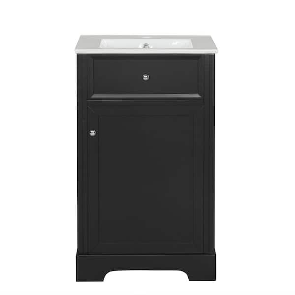 20 in. Single Sink Freestanding Black Bath Vanity with White Ceramic Top, Adjustable Shelf