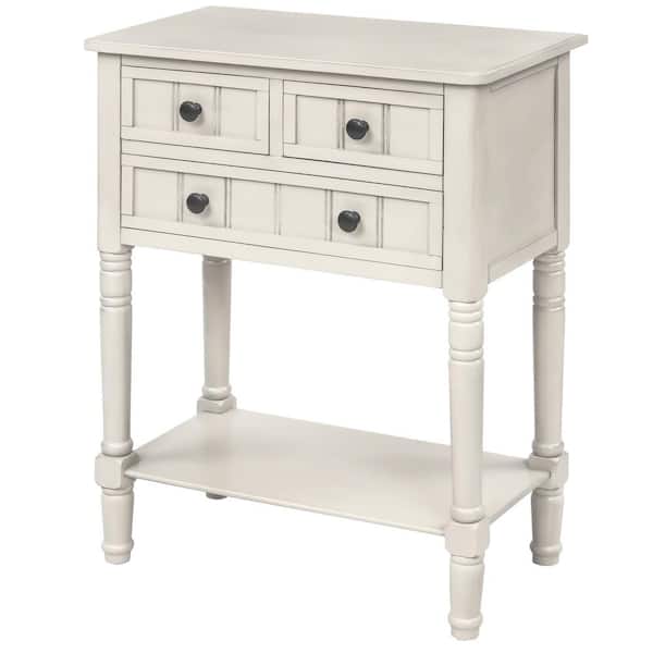 Polibi 23.7 in. Ivory White Rectangle Wood Console Table with Three Storage Drawers and Bottom Shelf Ivory White