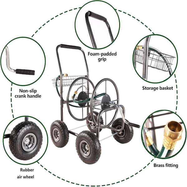 Unbranded - 2 cu. ft. Metal Garden Cart - 4 Wheels Portable Garden Hose Reel Cart with Storage Basket