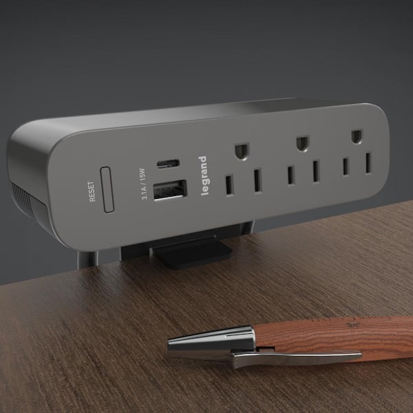 Wiremold ModPower Magnesium 3-Outlet End Unit Surface Mount Power Strip with USB A/C with 3 Ft. Cord