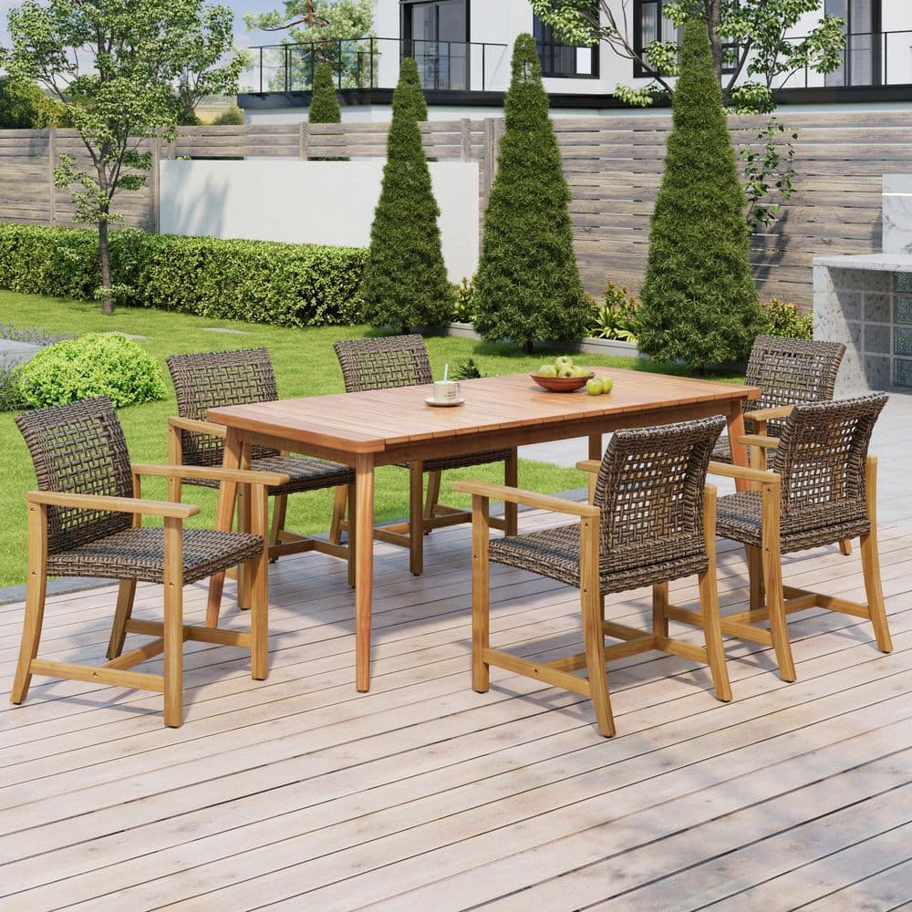 Bertha 7-Piece Solid Wood Patio Outdoor Dining Set, Slatted Table and 6 PE Rattan Arm Chairs, Teak Finish+Brown Mix