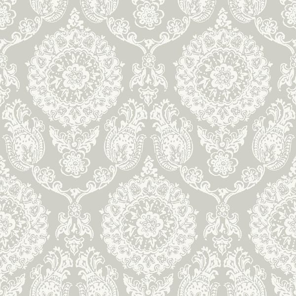 Chesapeake Helm Damask Grey Floral Medallion Matte Paper Pre-Pasted Wallpaper Sample