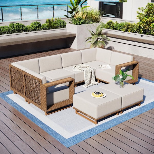 Brown Rattan Wicker 8 Seat 8-Piece Steel Outdoor Sectional Set with Beige Cushions and 2 Ottomans