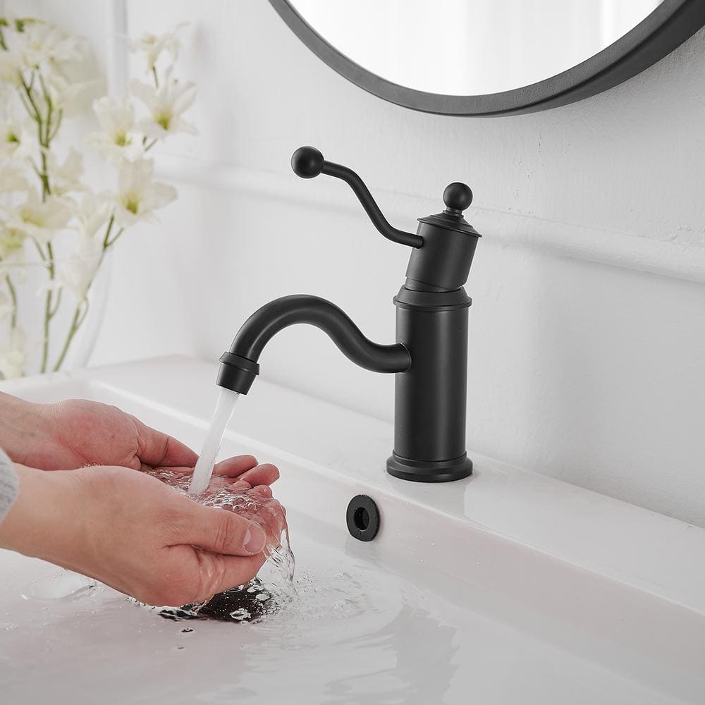 Matte Black Single-Handle Low-Arc Bathroom Faucet with Metal Drain
