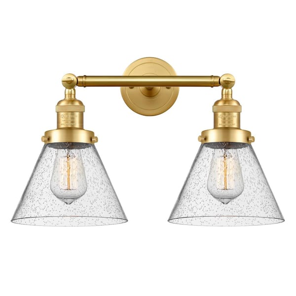 Cone 18 in. 2 Light Seedy, Satin Gold Vanity Light with Clear Glass Shade