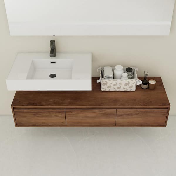59 in. Wall Mounted Brown Bath Vanity with White Resin Top and 3 Drawers Assembled
