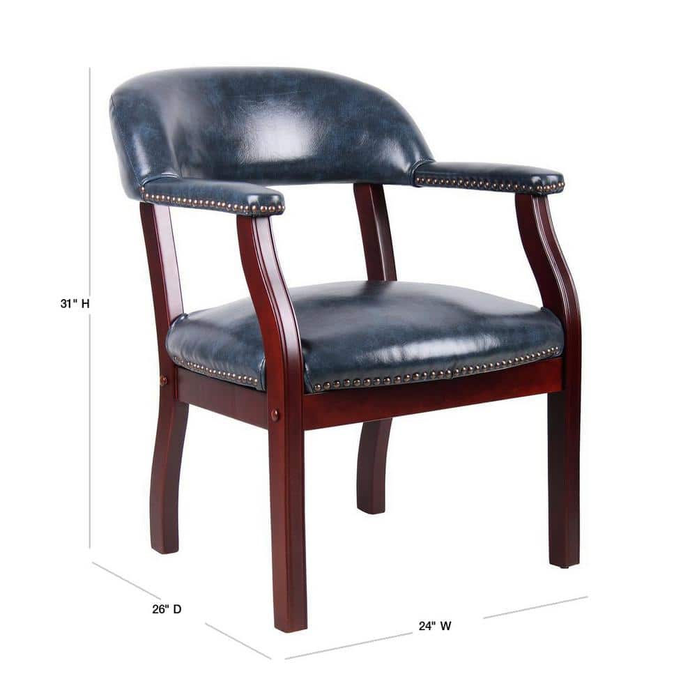 Blue Vinyl and Mahogany Wood Traditional Captain's Reception Chair