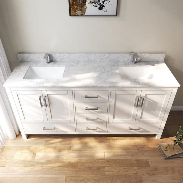 72 in. W x 22 in. D x 35 in. H Double Sinks Bath Vanity Cabinet in White with Cultured Marble Top
