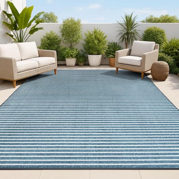Aarhus High-Low Minimalist Scandi Striped Navy/ivory 3 ft. x 5 ft. Indoor/Outdoor Area Rug