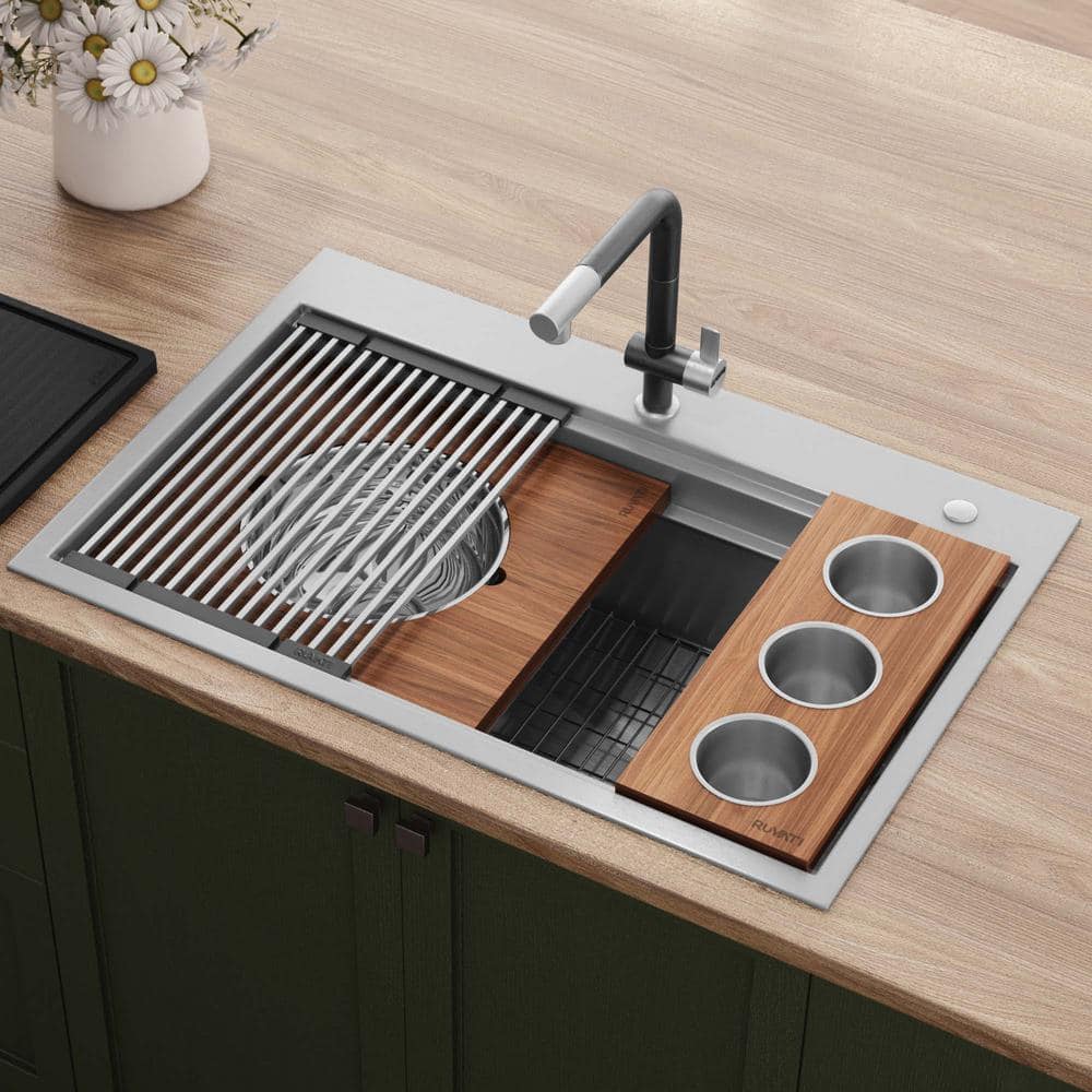 40-Inch Stainless Steel Workstation Sink with Three Bowls and Wood Platform