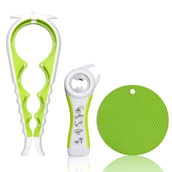 5 in 1 Plastic Multi‑Use Jar Opener for Weak Hands and Seniors, Non‑Slip Bottle Lid Opener with Gripper Pad, Green
