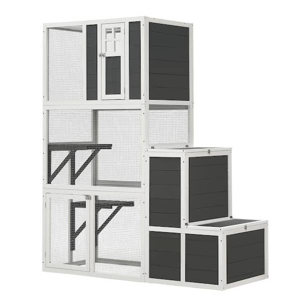 Tidoin 3-Tier Wood Outdoor Indoor Cat Enclosure Resting Box Cat House Suitable for 3 Cats with 4 Platforms and 2-Doors