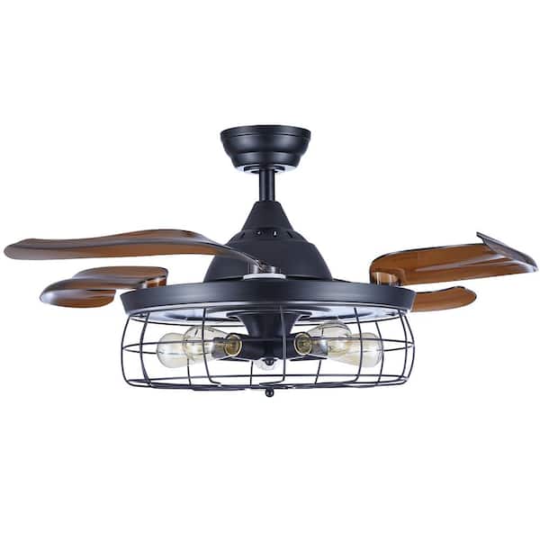 Merra 42 in. Indoor Black Ceiling Fan with Lights Retractable Blades Open Cage Shade and Remote Control