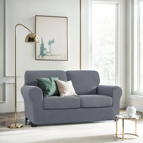 5-Piece Set Light Grey Polyester Stretch Sofa Slipcover for 2-Seater Sofa with Separate Backrest and Cushion Covers