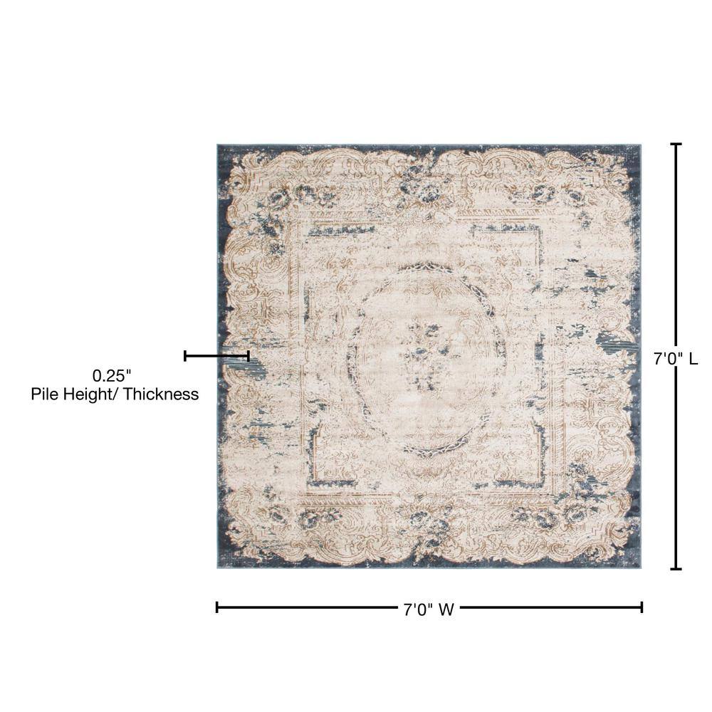 Ivory and Navy Blue Medallion Square Indoor Rug, 7' x 7', Easy Care