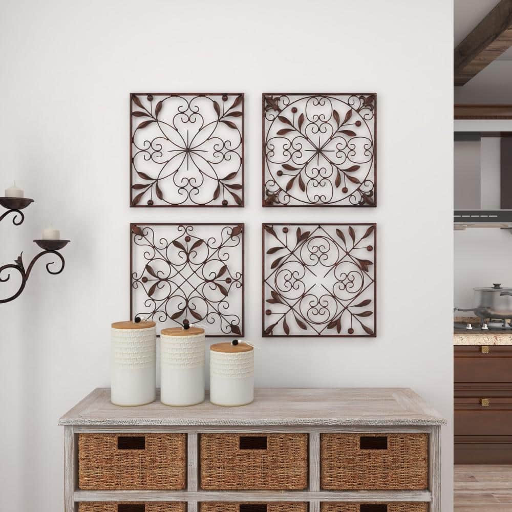 Rustic Brown Metal Scroll Wall Sculpture Set of 4
