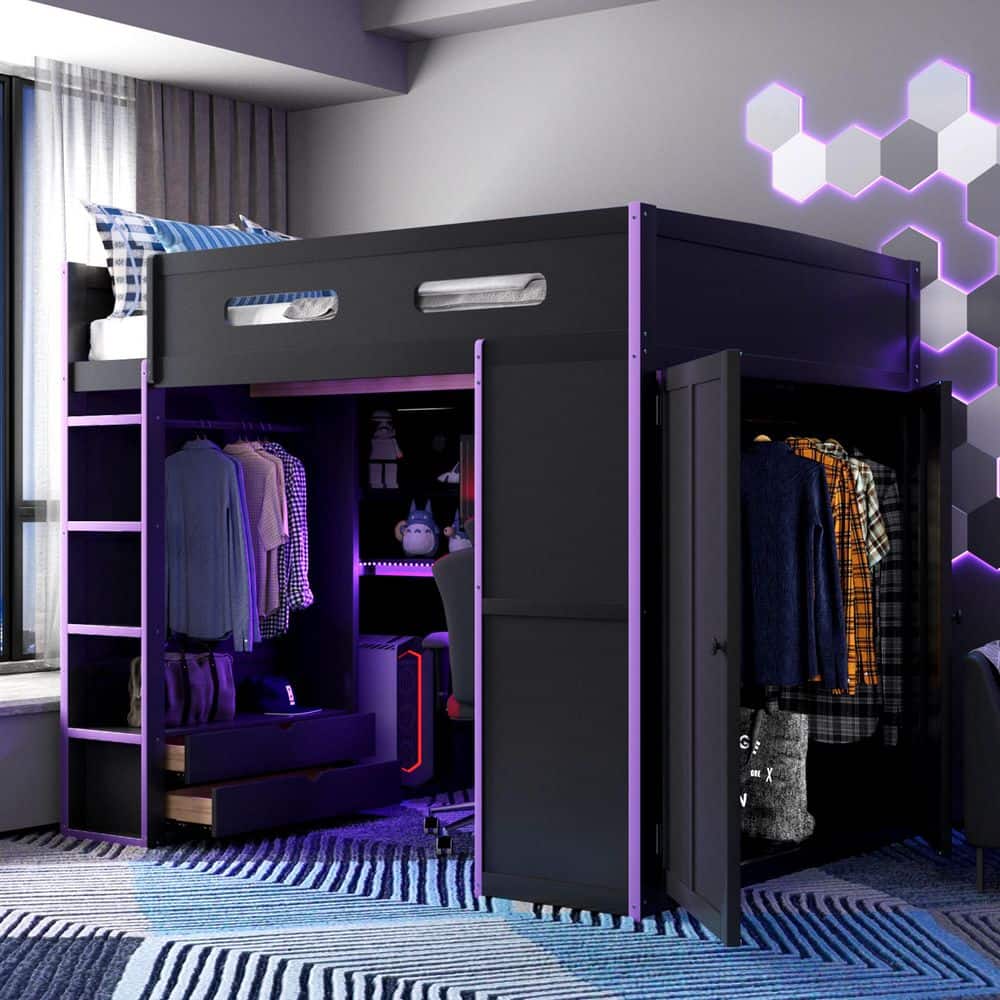 Purple Full Size Wood Loft Bed with Desk, Wardrobe, Ample Storage Space, RGB LED Light, USB Charging Port price history on PriceWatchPro