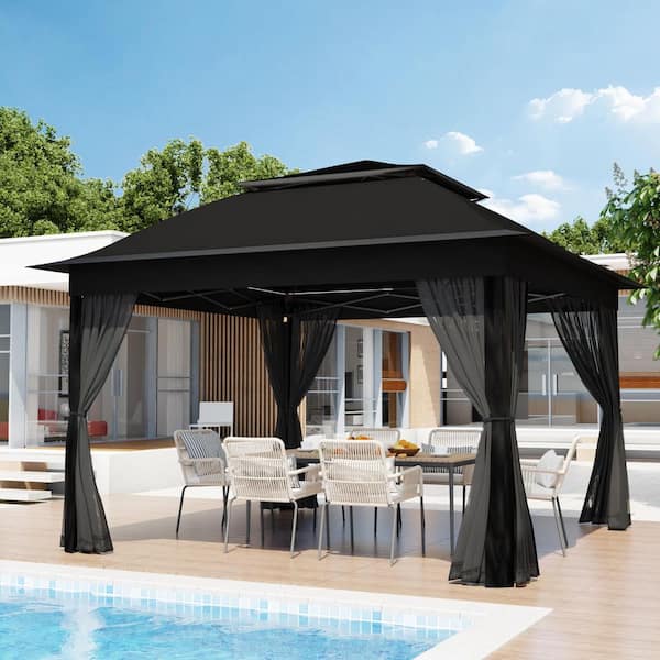 11 ft. x 11 ft. Black Pop-Up Outdoor Patio Steel Metal Frame Soft Top Gazebo with Mosquito Netting