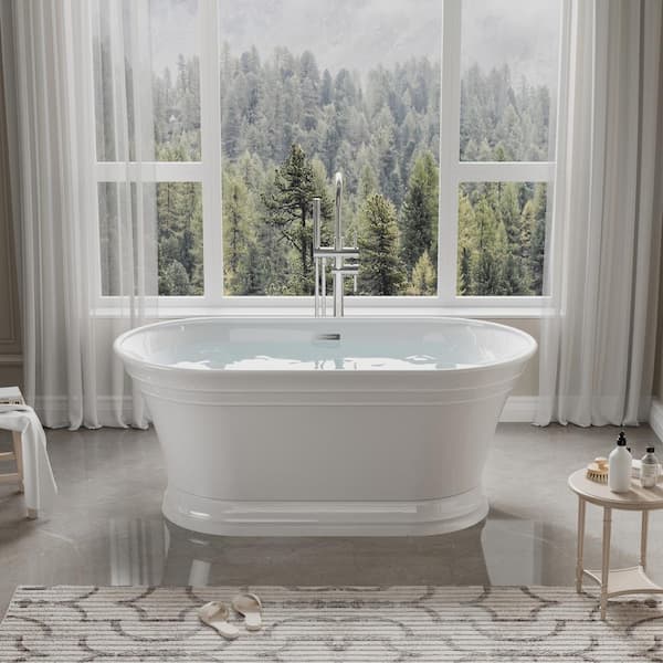 ANGELES HOME 58.87 in. x 31 in. Pure Acrylic Soaking Bathtub with Center Drain in Glossy White, Pop-up Drain, Overflow Hole