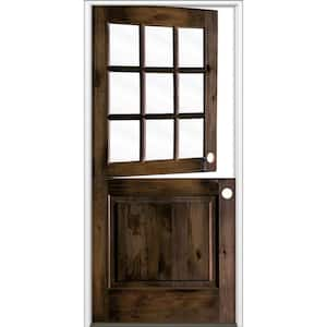 32 in. x 80 in. Farmhouse Knotty Alder Left-Hand/Inswing 9 Lite Clear Glass Black Stain Dutch Wood Prehung Front Door