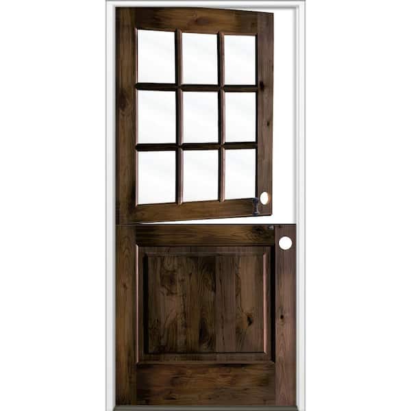 Krosswood Doors 36 in. x 80 in. Farmhouse Knotty Alder Left-Hand/Inswing 9 Lite Clear Glass Black Stain Dutch Wood Prehung Front Door