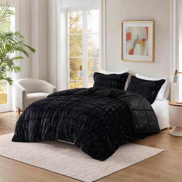 Bare  コンフォーターセット King/Cal King 3-Piece King/Cal King Black Soft Stylish Brushed Long Faux Fur