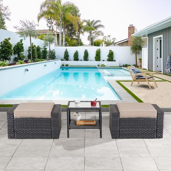 ANGELES HOME Black PE Rattan Wicker Outdoor Ottoman Set with Khaki Cushion and Coffee Table