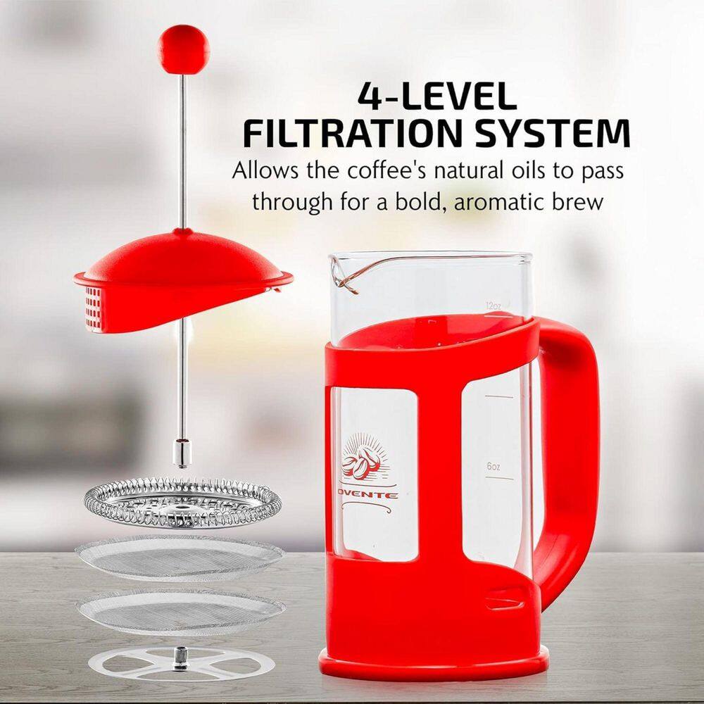 Red 34 Oz Glass and Stainless Steel French Press Coffee Maker