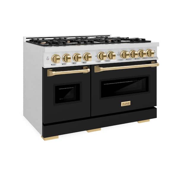 Autograph 48 in. Classic Double Oven Dual Fuel Range with 8 Burners in Satin Steel with Black Doors and Gold Accents