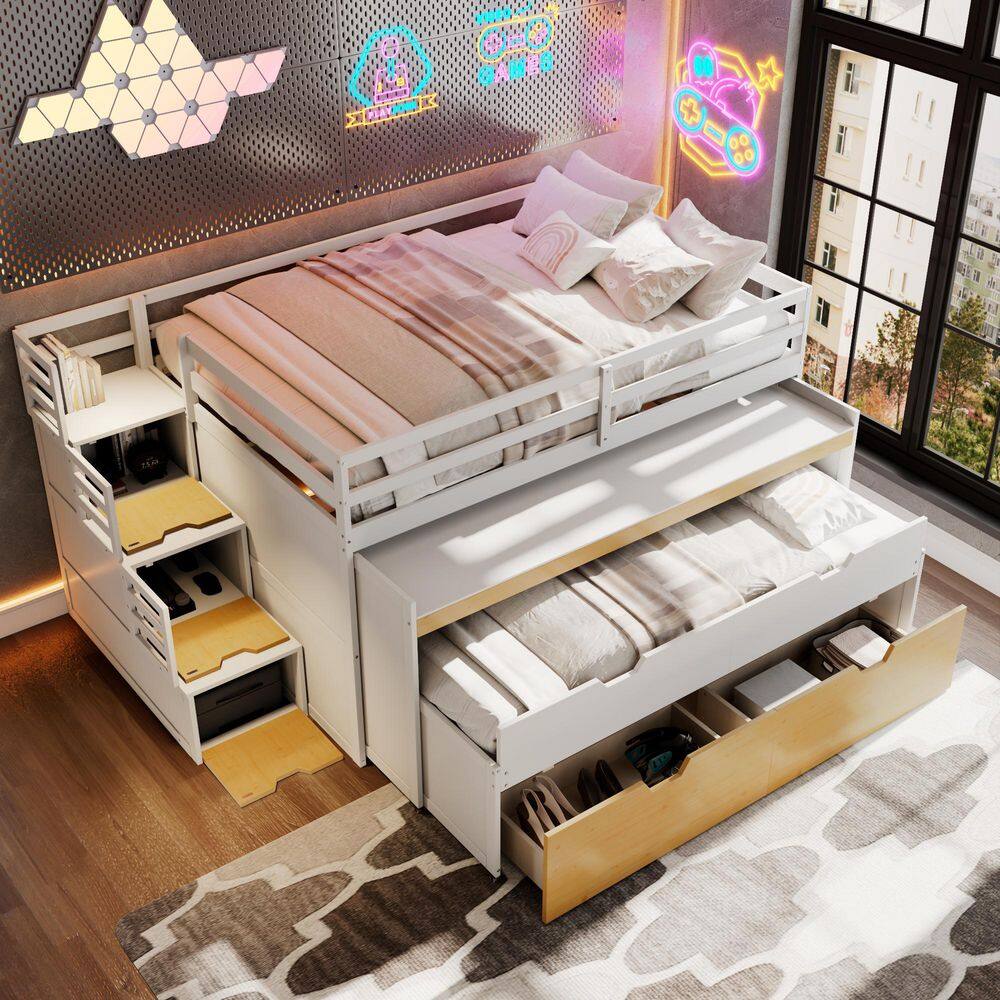 Harper & Bright Designs White Full XL Wood Loft Bed with Pull-Out Desk ...