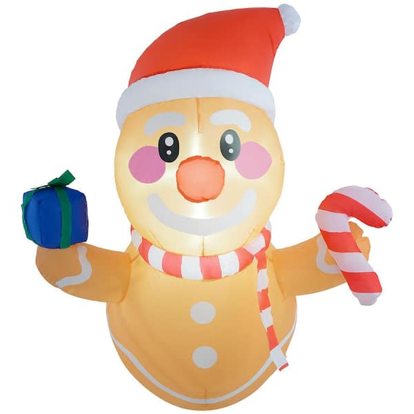 3.4 ft. Christmas Inflatables Hanging Gingerbread Man Holding Gift Box and Candy Cane with White LED Lights