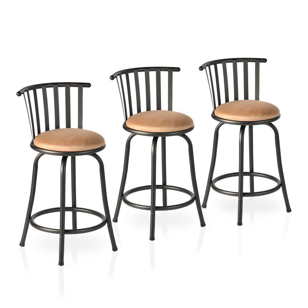 Set of 3 Beige Suede Swivel Counter Barstools with Black Metal Frame
