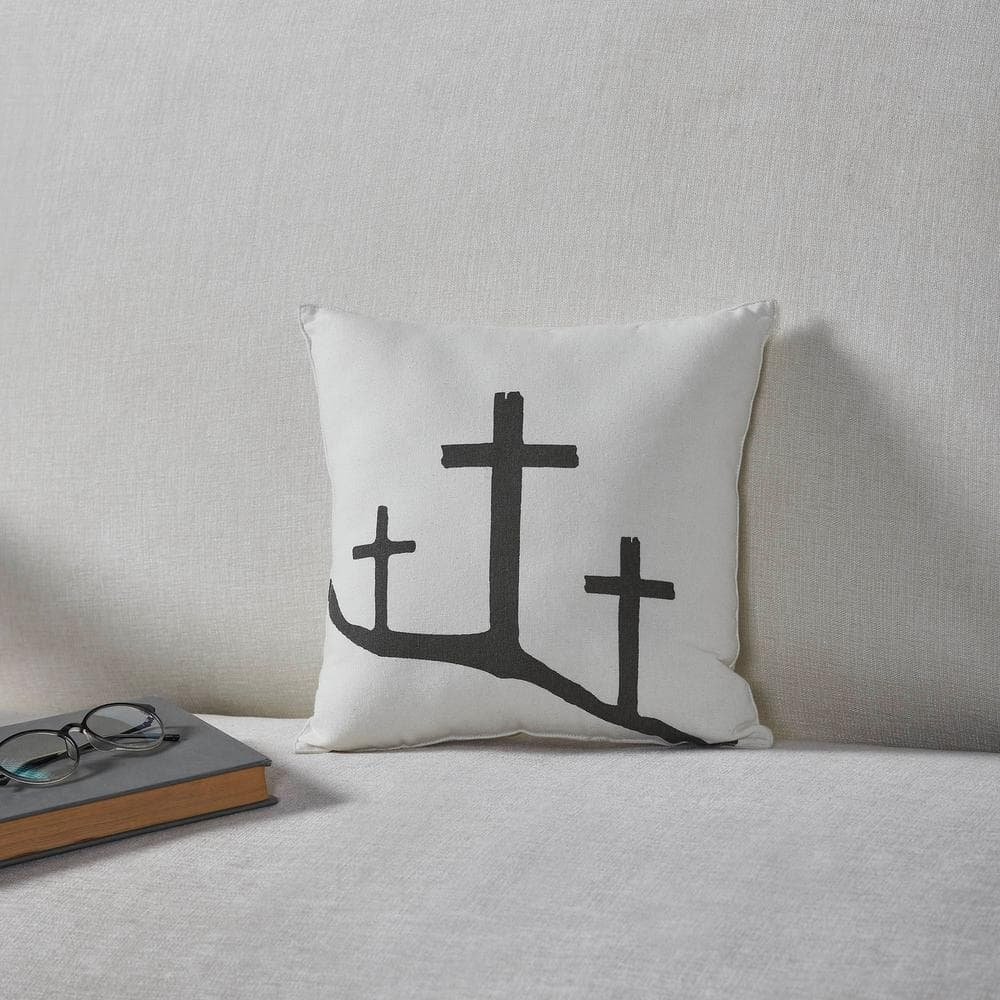 VHC Brands Risen Soft White, Charcoal Grey 3-Crosses 12 in. x 12 in. Throw Pillow