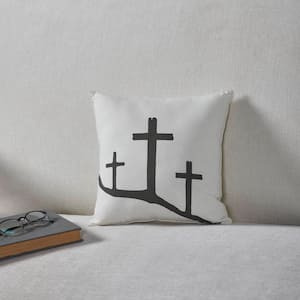 Risen Soft White, Charcoal Grey 3-Crosses 12 in. x 12 in. Throw Pillow