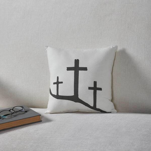 VHC Brands Risen Soft White, Charcoal Grey 3-Crosses 12 in. x 12 in. Throw Pillow