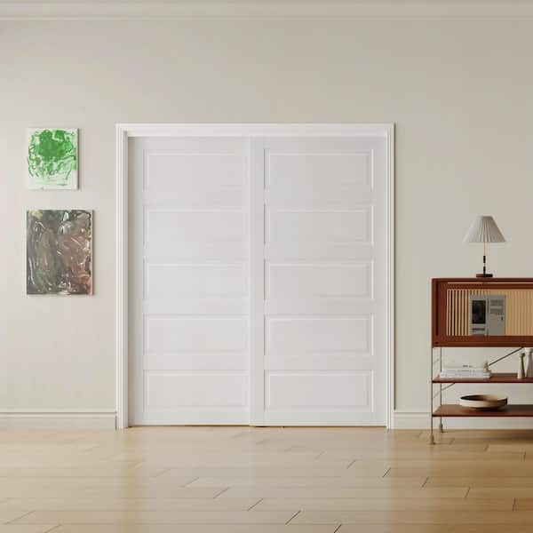 72 in x 80 in, 5 Panel MDF Solid Core, White, PVC Covering, Need to Assemble Double Panel Sliding Door w/ All Hardware