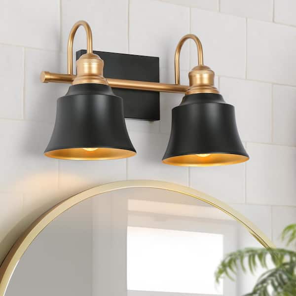 Uolfin Modern Farmhouse Bathroom Vanity Light, 2-Light Black and Gold Wall Sconce with Metal Shades