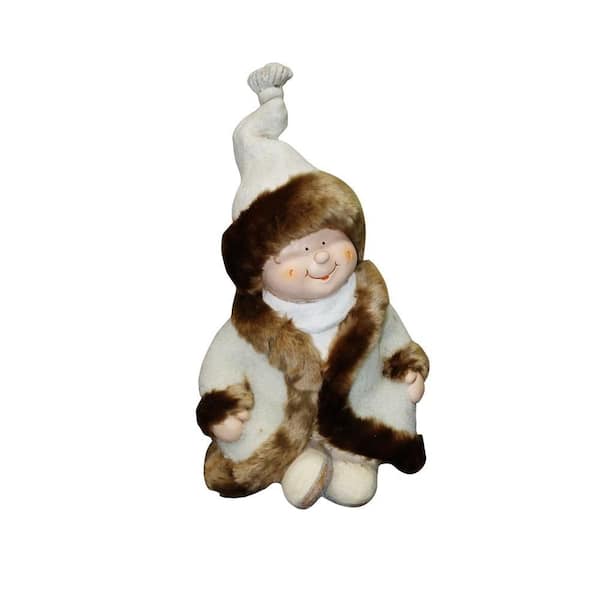 Alpine Corporation 19 in. Boy with White/Brown Coat and Hat Sitting Cross Legged