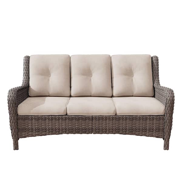 3-Seat Wicker Outdoor Patio Sofa Sectional Couch with Beige Cushions